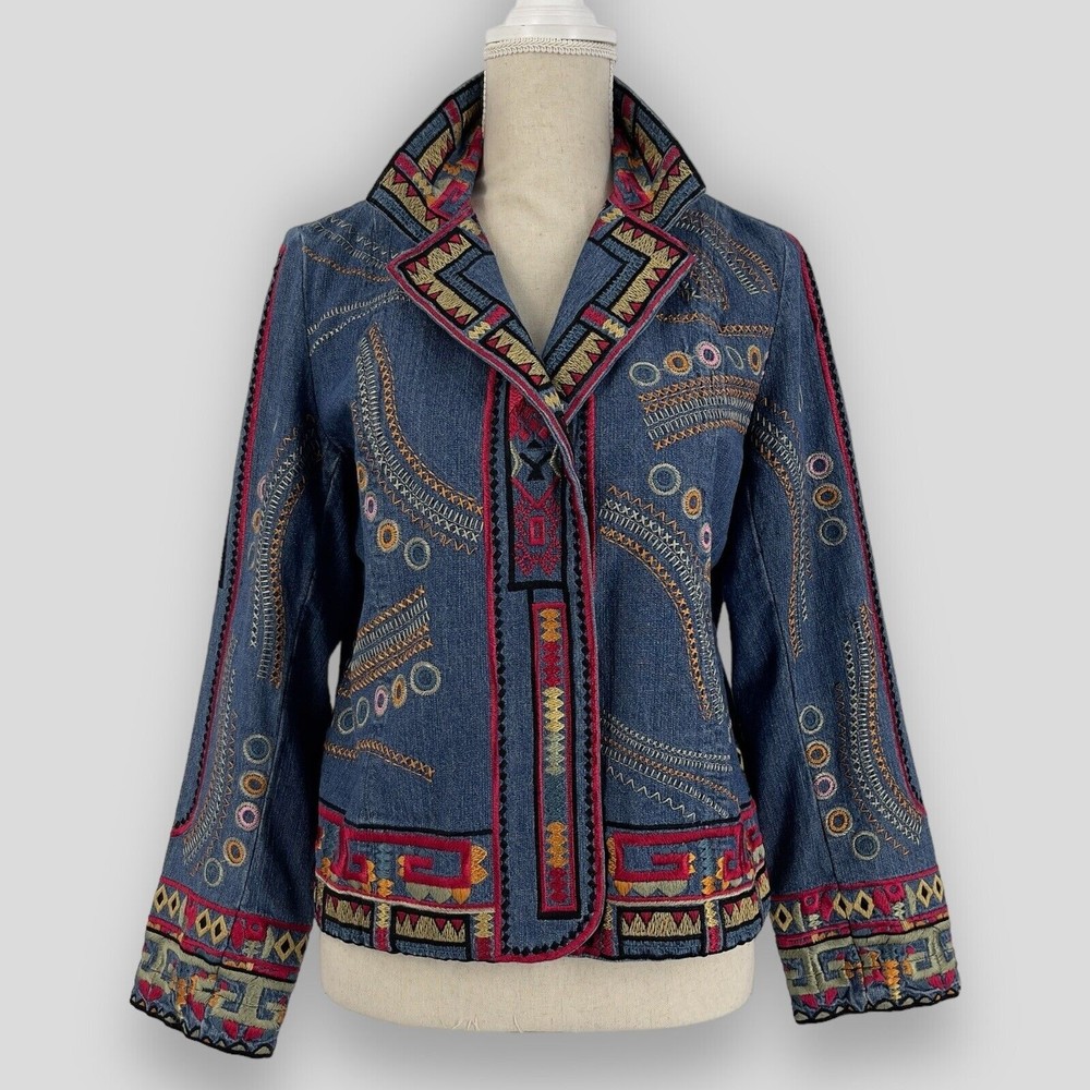 Coldwater Creek Embroidered Bohemian Hippie Denim Jacket Long Sleeve Womens PS